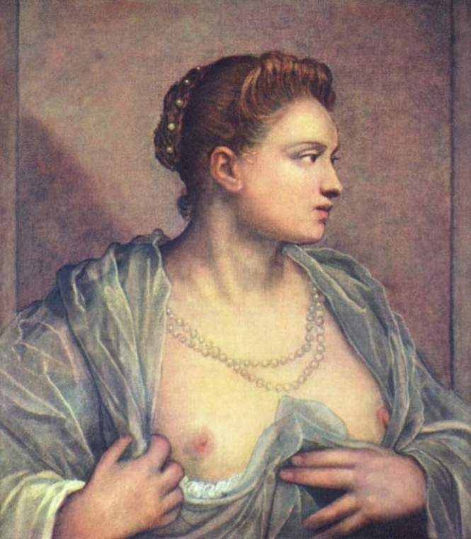 портрет Вероники Франко кисти Якопо Тинторетто Женщина приоткрывающая свою грудь
